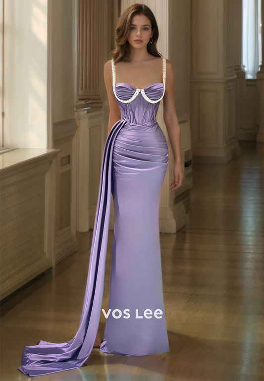 Lavender Column Sweetheart Spaghetti Straps Ruched Sleeveless Satin Prom Evening Dress