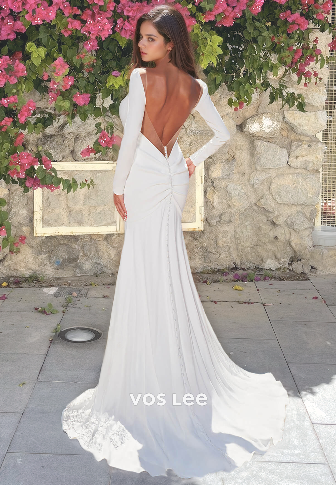 Elegant V Neck Long Train Bridesmaid Dress Full Sleeves Backless Formal Wedding Dresses