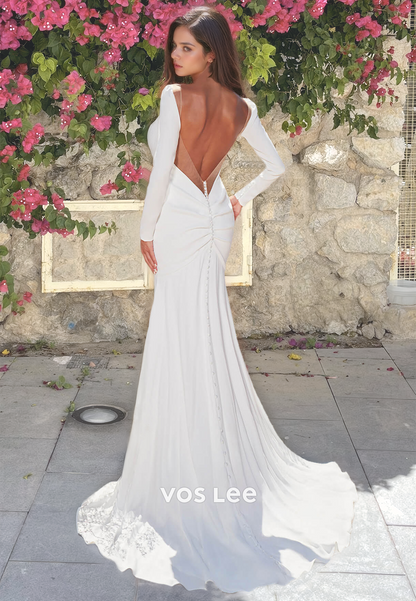 Elegant V Neck Long Train Bridesmaid Dress Full Sleeves Backless Formal Wedding Dresses