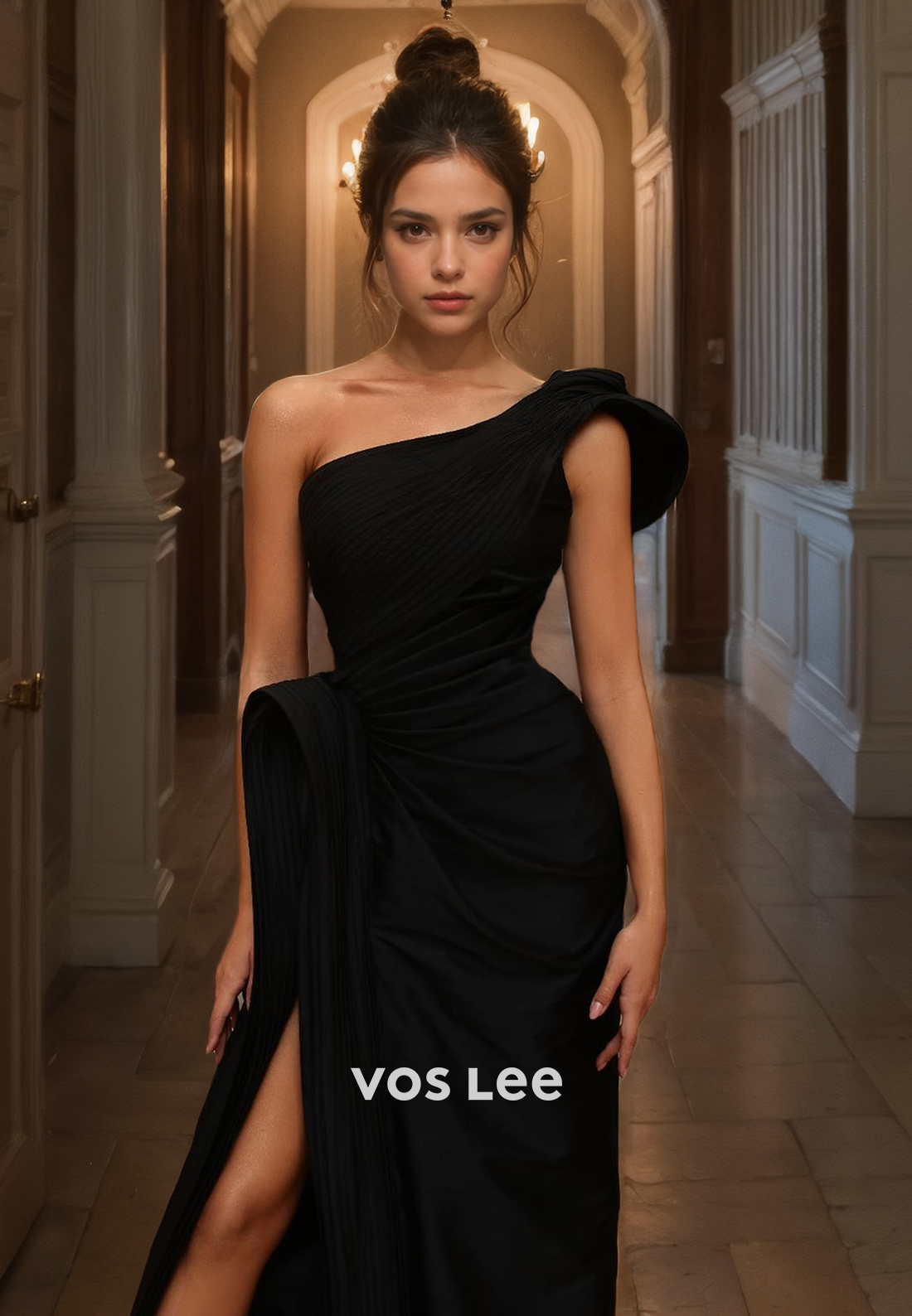 One Shoulder Black Elegant Prom Dress Floor Length Pleated Quinceanera Dress