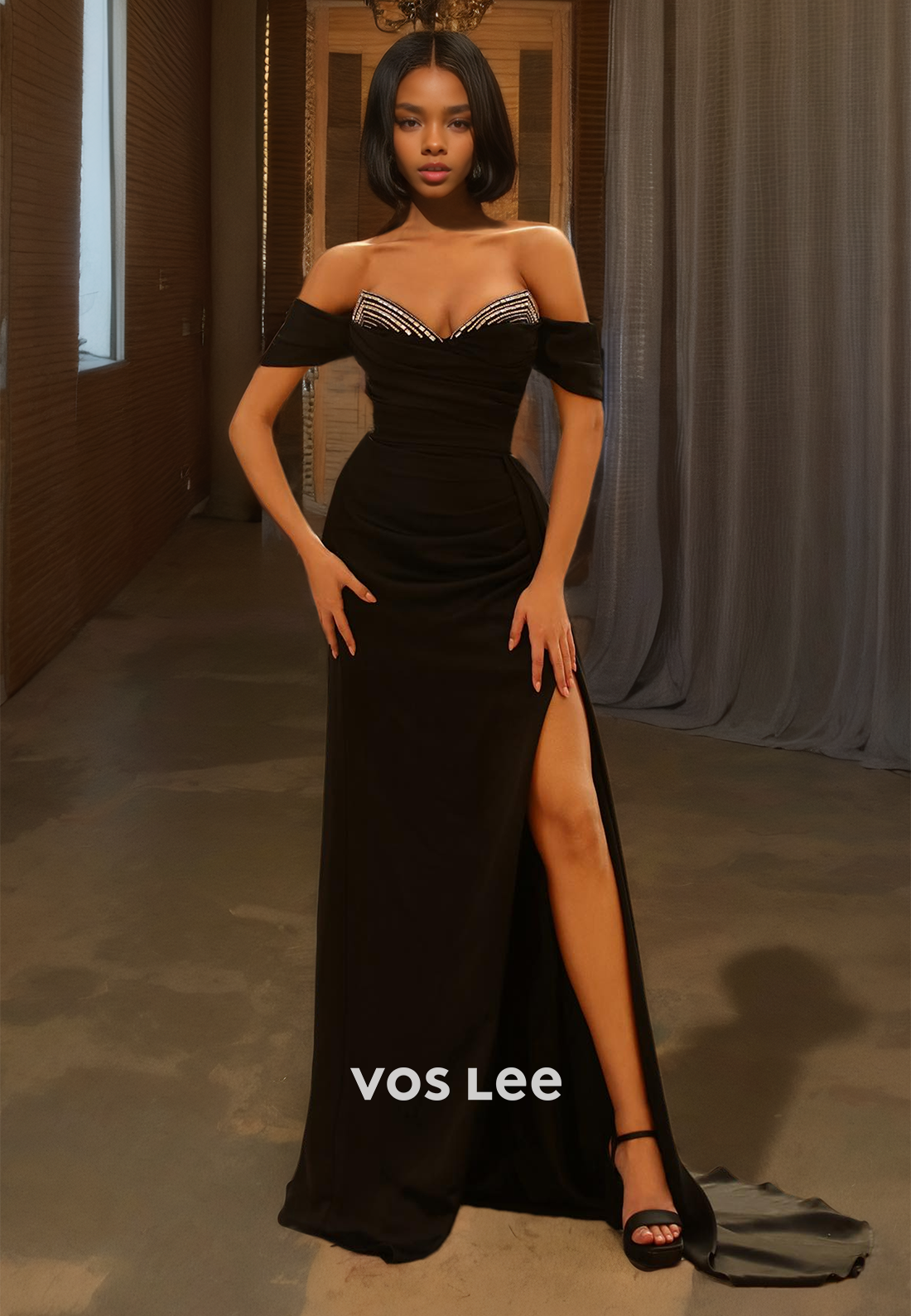 Elegant Black Sweetheart Formal Cocktail Dress Off-Shoulder Floor Length Party Dress with High Slit