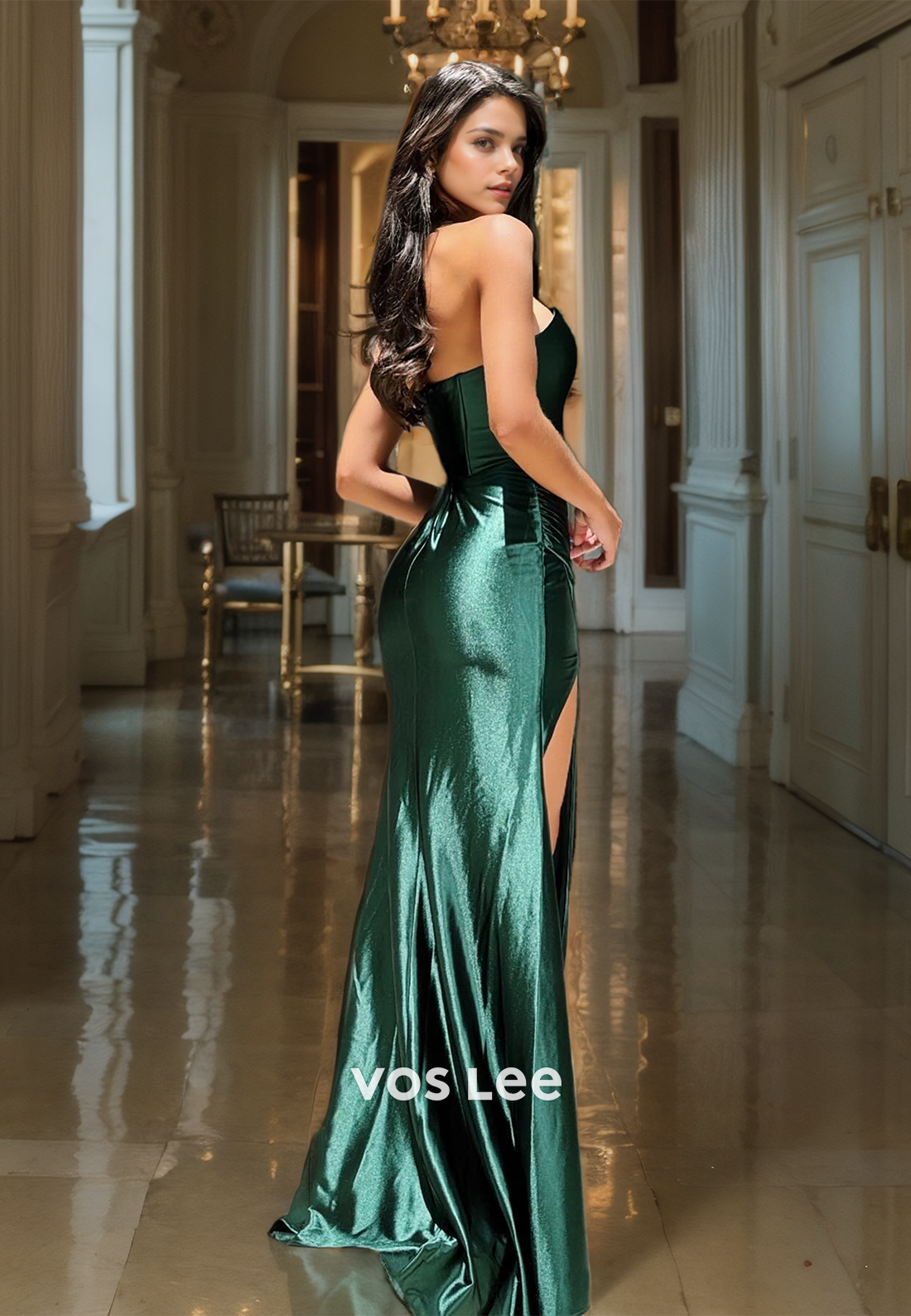 Graceful Dark Green Strapless Prom Dress Zipper Back Satin Pleated Evening Party Dresses with Slit