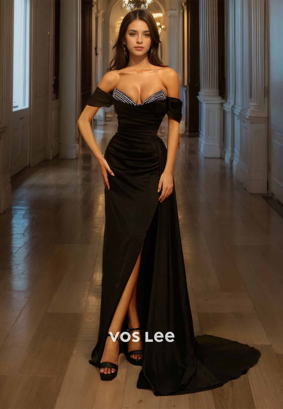 Elegant Black Sweetheart Formal Cocktail Dress Off-Shoulder Floor Length Party Dress with High Slit