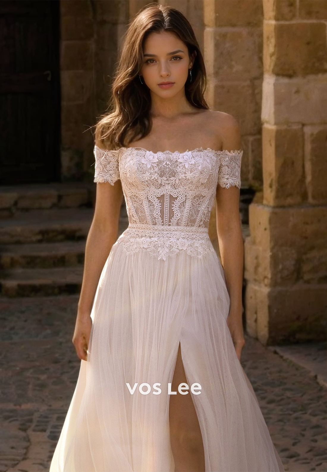 Charming Off Shoulder A-Line Lace Appliques Sleeveless Tulle Wedding Dress with Split