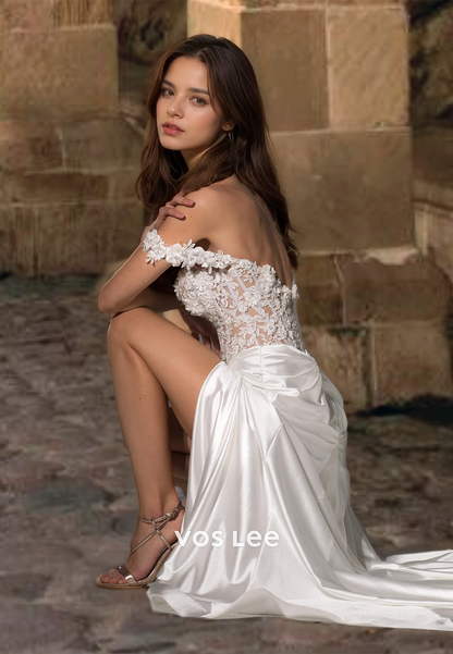 Royal Off-Shoulder Appliqued Sweetheart Boho Wedding Dress Column Satin Bridal Dress with High Slit