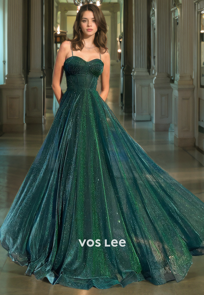 Classy Sparkly Tulle Party Dress A-Line Sweetheart Spaghetti Straps Long Formal Prom Dress