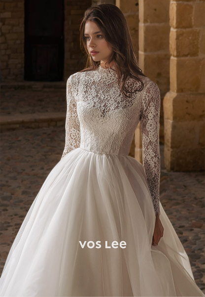 Gorgeous High Neck Long Sleeves A-Line Lace Appliques Ruched Tulle Wedding Bride Dress