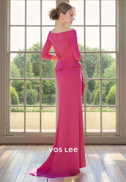 Elegant Flamingo Pleated Floor Length Mother of the Bride Dresses with Long Sleeves