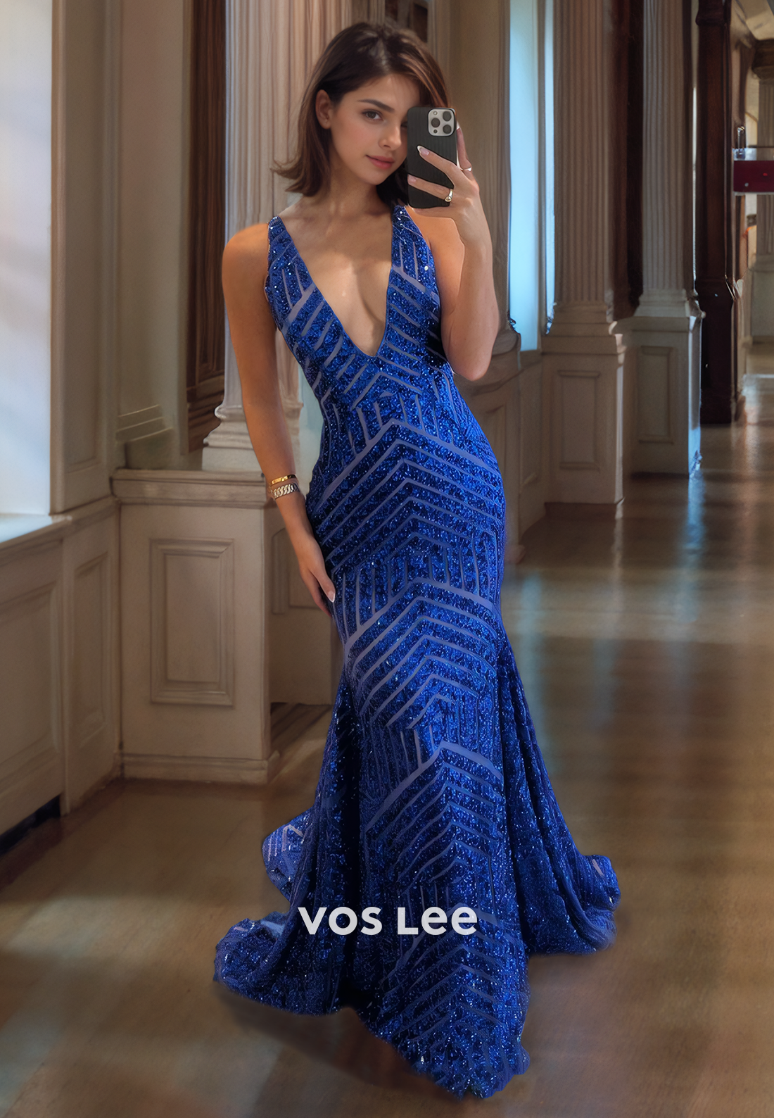 Long Formal Dress Gergeous Blue Sequin Trumpet/Mermaid Low-V-Neck Formal Evening Dress