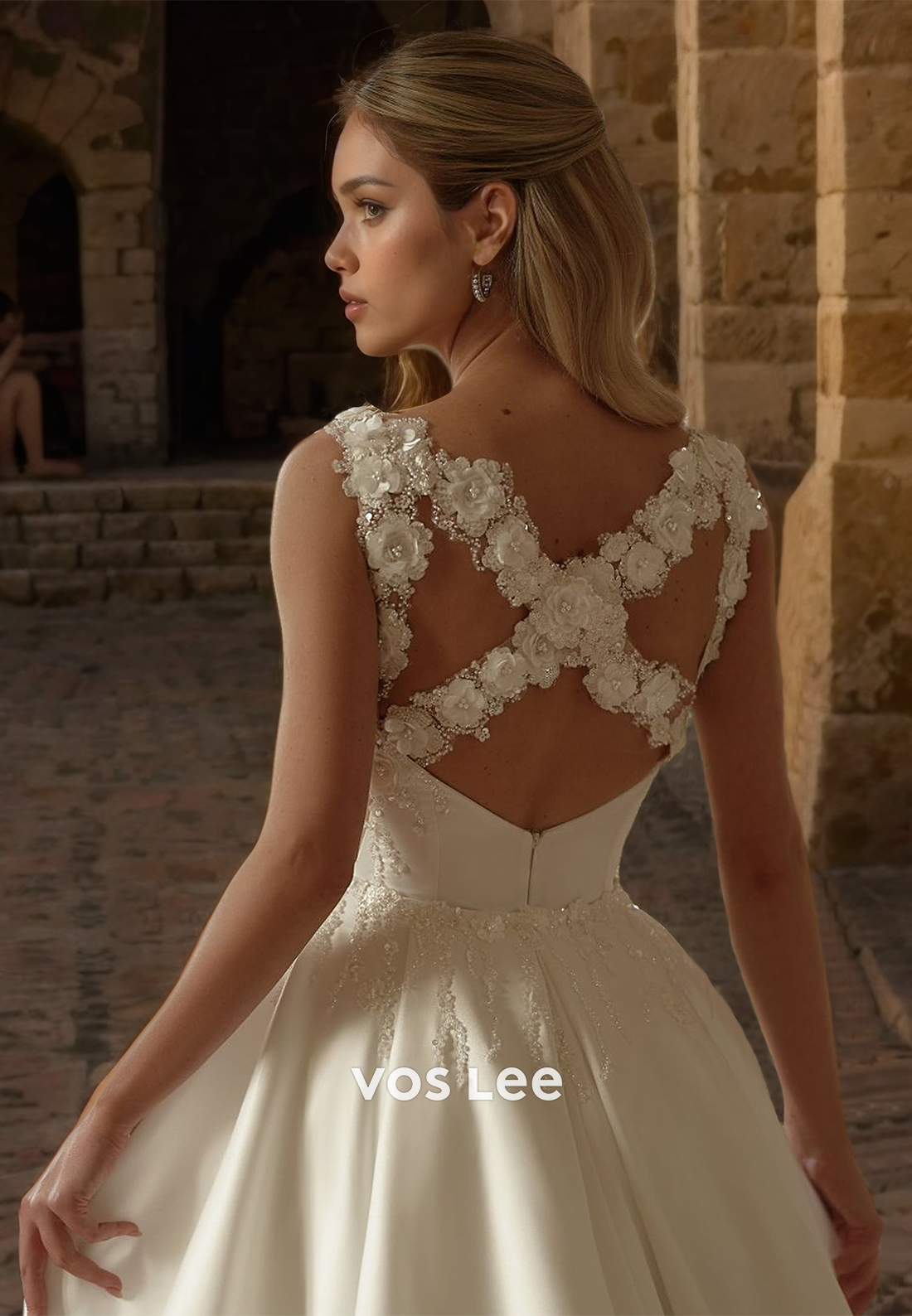 Unique Column Square Neck Spaghetti Straps 3D Floral Beaded Ruched Satin Wedding Dress with Split