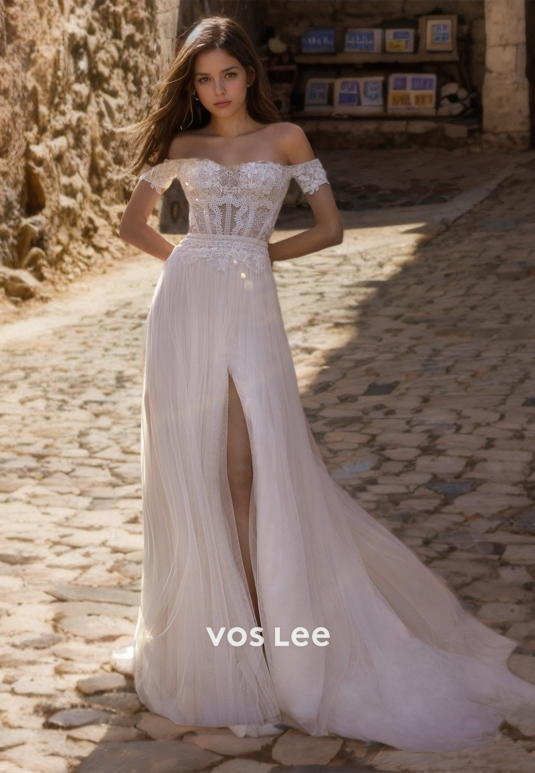 Charming Off Shoulder A-Line Lace Appliques Sleeveless Tulle Wedding Dress with Split