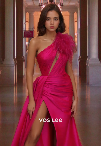 Luxurious Fuchsia Feathers One Shoulder Prom Dress Satin Elegant High Split Party Dress