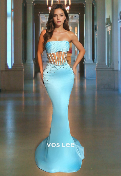 Strapless Sky Blue Elegant Beads Mermaid Prom Dress Floor Length Satin Corset Zipper Back Party Dresses