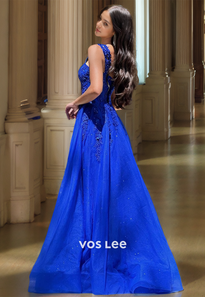 Charming A-Line Royal Blue V Neck Spaghetti Straps Pleated Lace Appliques Tulle Prom Birthday Dress