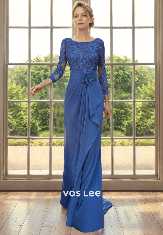 Graceful Column Bateau Long Sleeves Lace Appliques Belt Sweep Train Mother of the Bride Dress