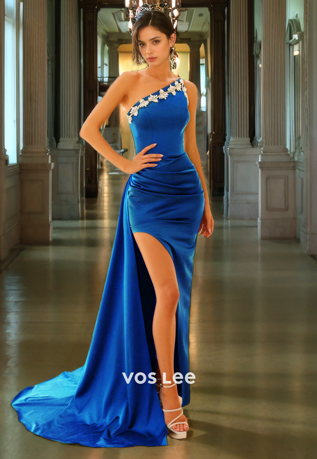 Luxury One Shoulder Mermaid Prom Dress with High Slit Long Train Sleeveless Pageant Dresses