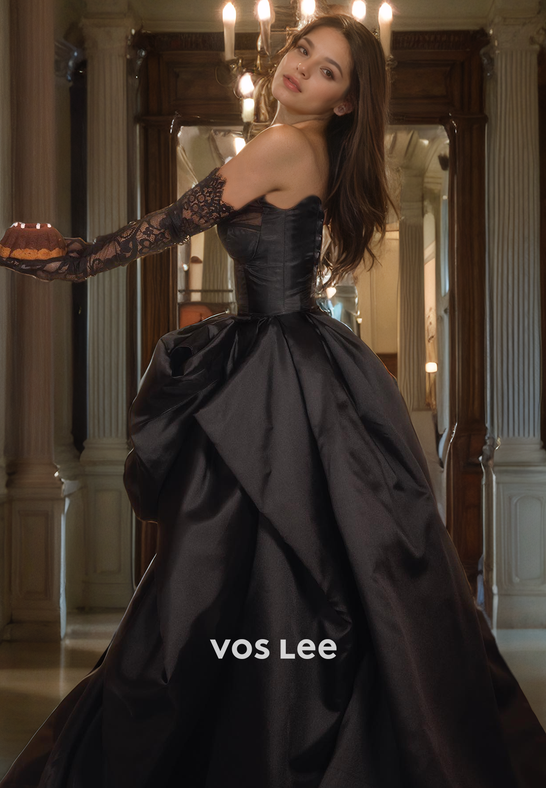 Luxury Strapless A-Line Satin Pageant Dress with High Slit Asymmetrical Black Cocktail Dresses