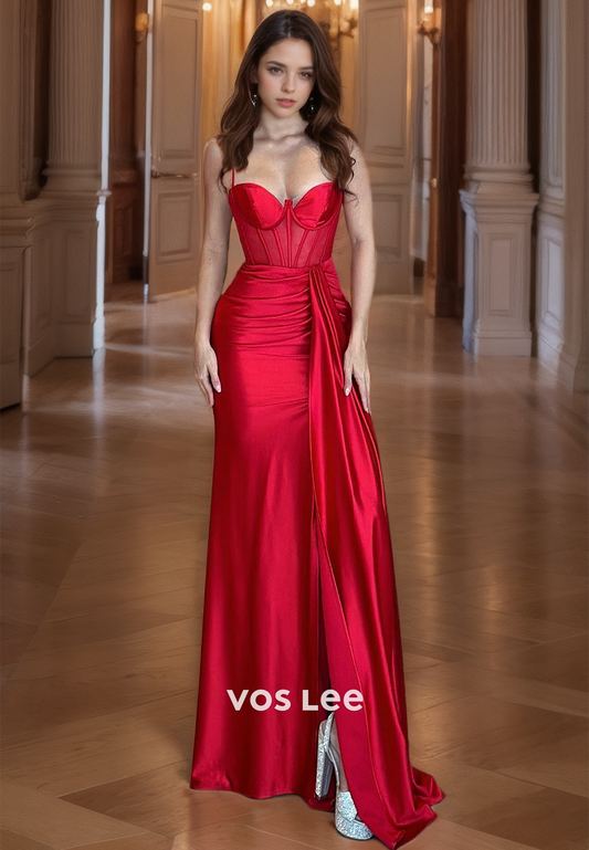 Luxury Red Spaghetti Straps Cocktail Dress Sweetheart Lace Up Satin Floor Length Prom Dresses