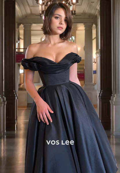 A-Line Sweetheart Off-Shoulder Evening Prom Gown Ankle Length Black Elegant Formal Dance