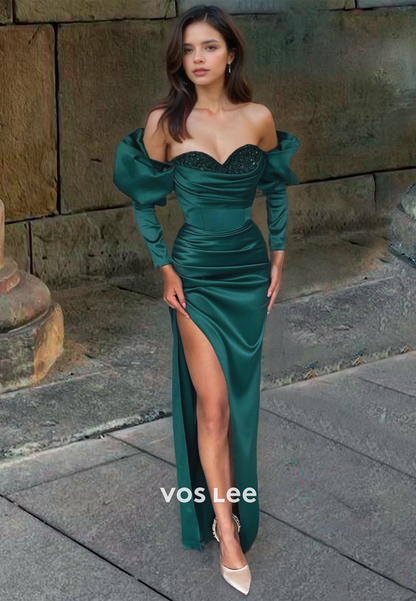 Luxury Sweetheart Long Sleeves Prom Dress Pleated Satin Evening Party Dresses with Slit