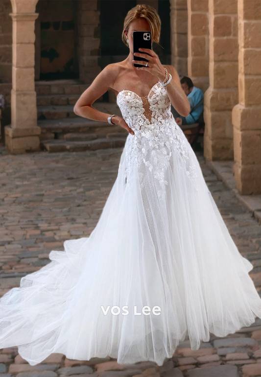 A-Line Sweetheart Appliqued Formal Wedding Dress Tulle Strapless Zipper Back Bride Dresses