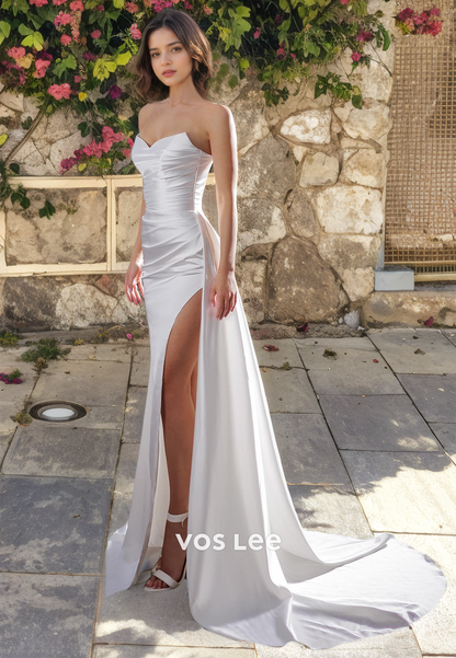 Sweetheart Strapless Satin Bride Dress with Slit Sweep Train Elegant Wedding Dresses Zipper Back