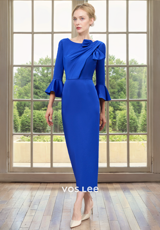 Sheath/Column Royal Blue Scoop Tea Length Long Sleeves Mother of the Bride Dresses