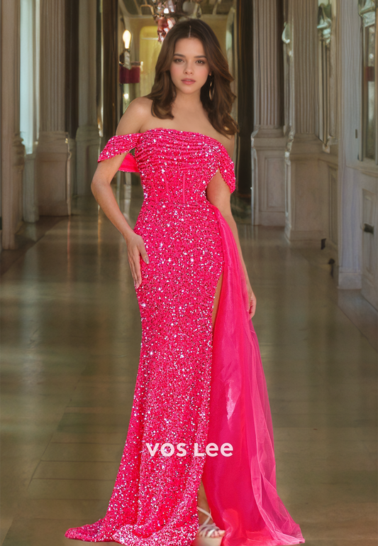 Fuchsia Sheath Off Shoulder Back Zipper Side Split Sequins Draped Prom Party Dress Glitter