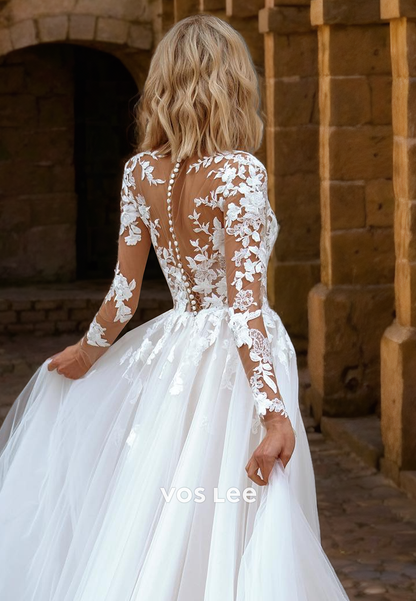 Gorgeous V Neck Lace Bride Dress with Long Sleeves A-Line Tulle Floor Length Button Back Wedding Dress