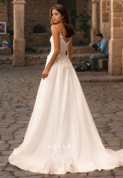 A-Line Appliqued Tulle Spaghetti Straps Formal Wedding Dresses Floor Length