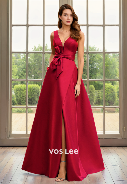 A-Line Satin Modest Straps Mother of the Bride Dress V Neck Floor Length Backless Cocktail Dresses