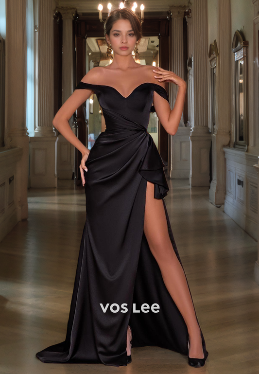 Black Prom Dress with High Slit Sheath/Column Off Shoulder Ruched Satin Long Formal Evening Dress