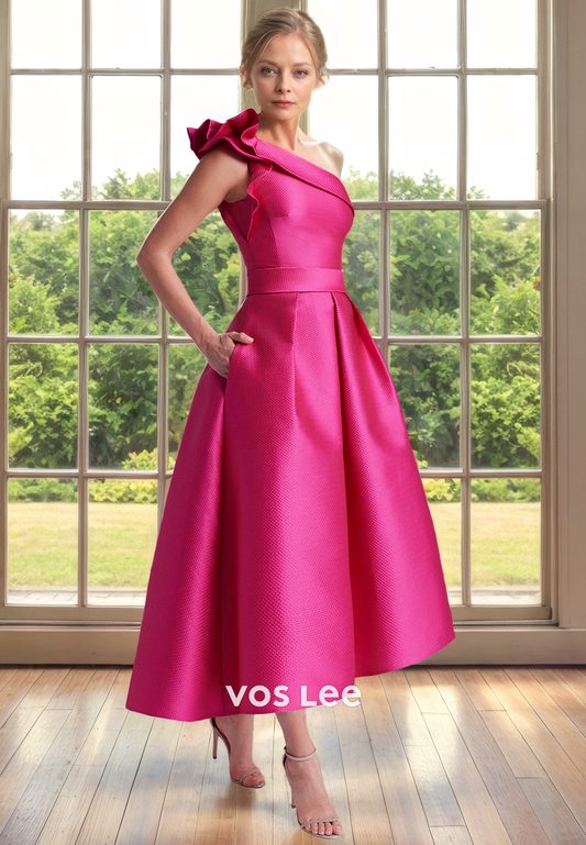 Fuchsia A-Line One Shoulder 3D Flower Tea Length Draped Satin Mother of the Bride Dress