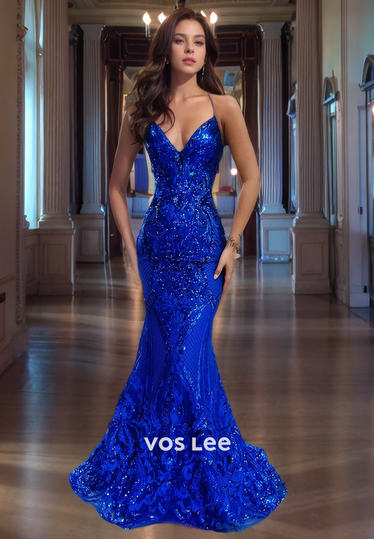 Sparkly Royal Blue Sequins V-Neck Quinceanera Dress Lace Up Mermaid Spaghetti Straps Prom Dress