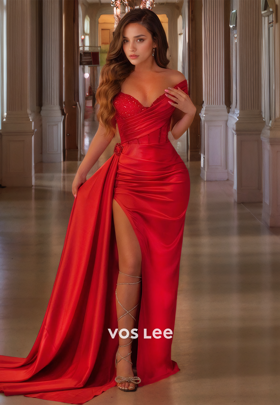 Red Elegant Off Shoulder Satin Mermaid Prom Dress Pleated Floor Length Party Dresses with Slit