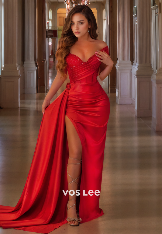 Red Elegant Off Shoulder Satin Mermaid Prom Dress Pleated Floor Length Party Dresses with Slit