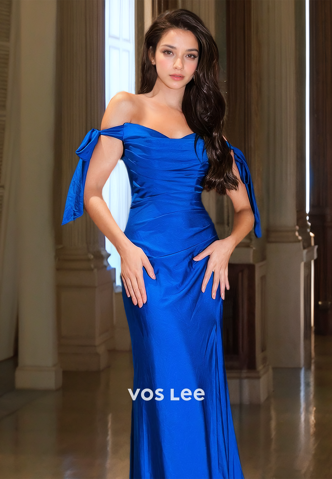 Modest Column Off Shoulder Royal Blue Side Split Draped Sweep Train Satin Prom Formal Dress