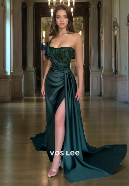 Graceful Satin New Arrival Prom Dress Dark Green Floor Length Strapless Evening Party Dresses