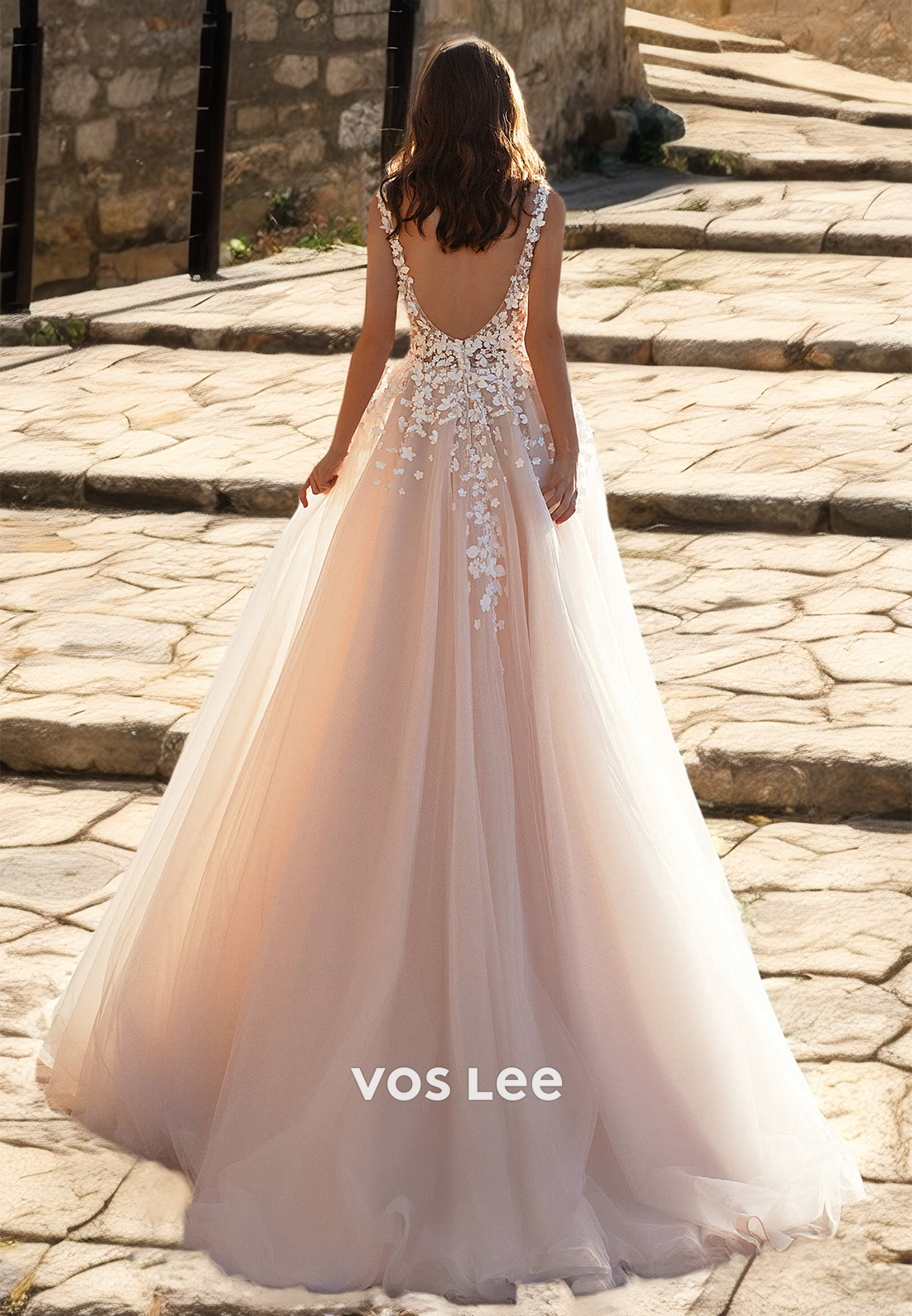 Graceful Plunging Deep V Neck Illusion Lace Appliques Backless Tulle wedding Dress