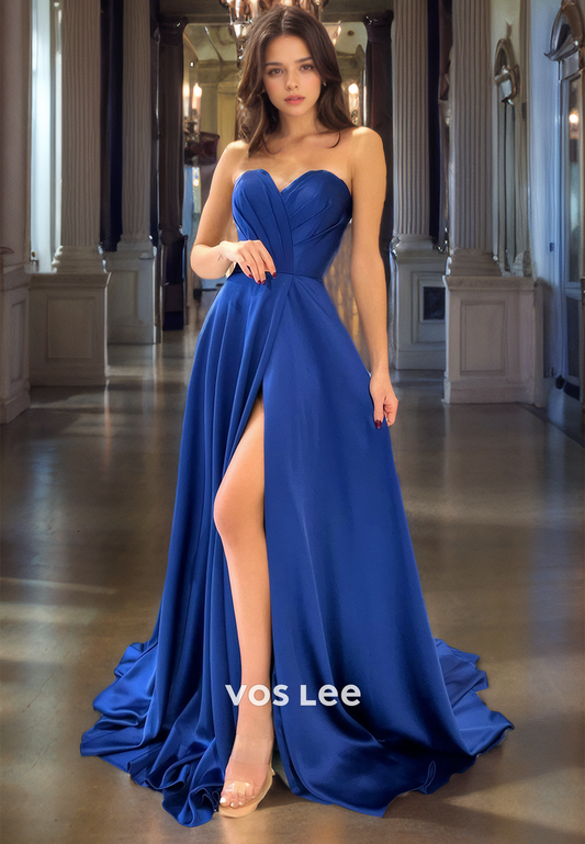 A-Line Sweetheart Strapless Court Train Ruched Satin Prom Dress with High Slit