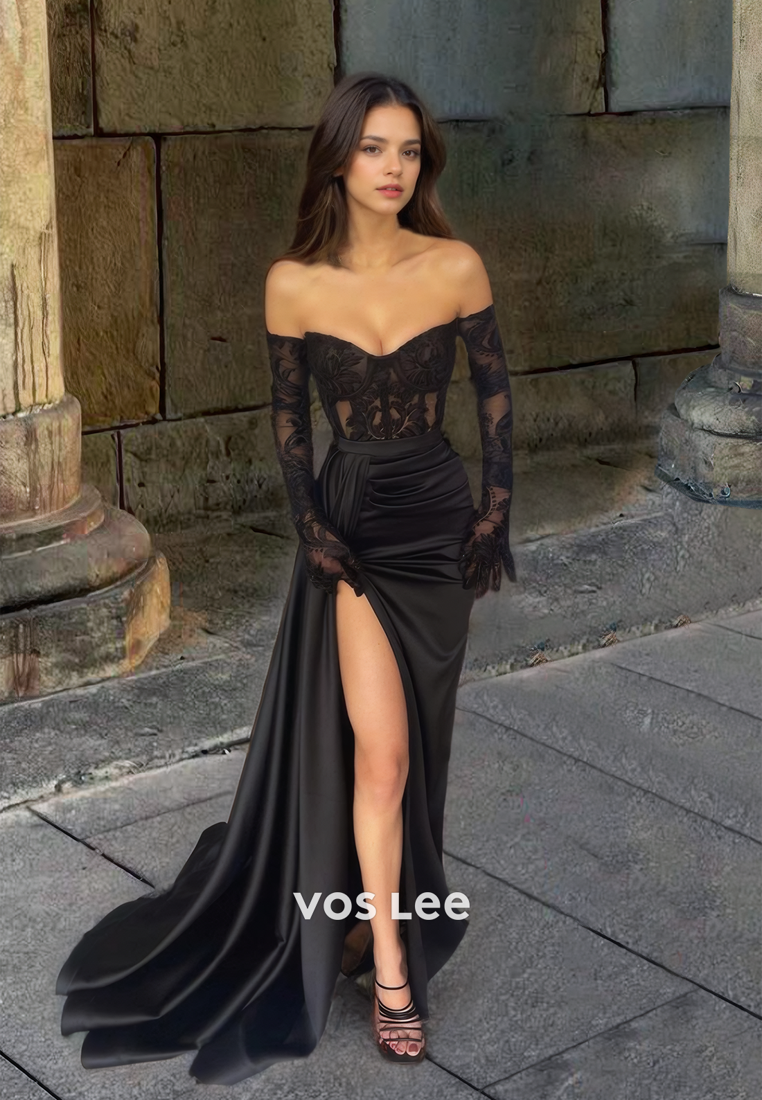 Graceful Sweetheart Lace Prom Dress High Slit Sexy Black Evening Party Dress