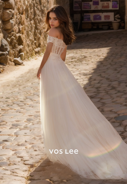 Charming Off Shoulder A-Line Lace Appliques Sleeveless Tulle Wedding Dress with Split