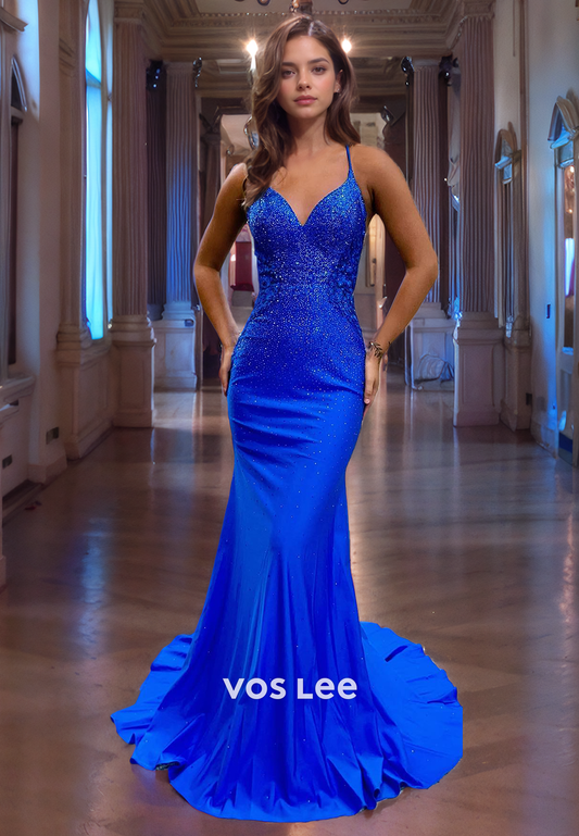 Classy Sparkle Beaded Blue Evening Prom Dress Trumpet/Mermaid V-Neck Sleeveless Satin Graducation Dress