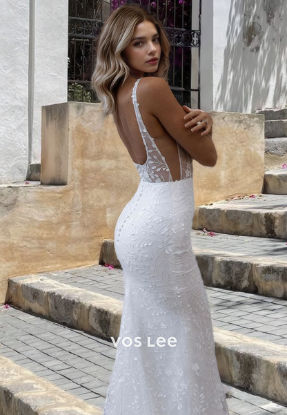 Sweetheart Graceful Lace Mermaid Wedding Dress Button Back Spaghetti Straps Bridal Gown with Long Train