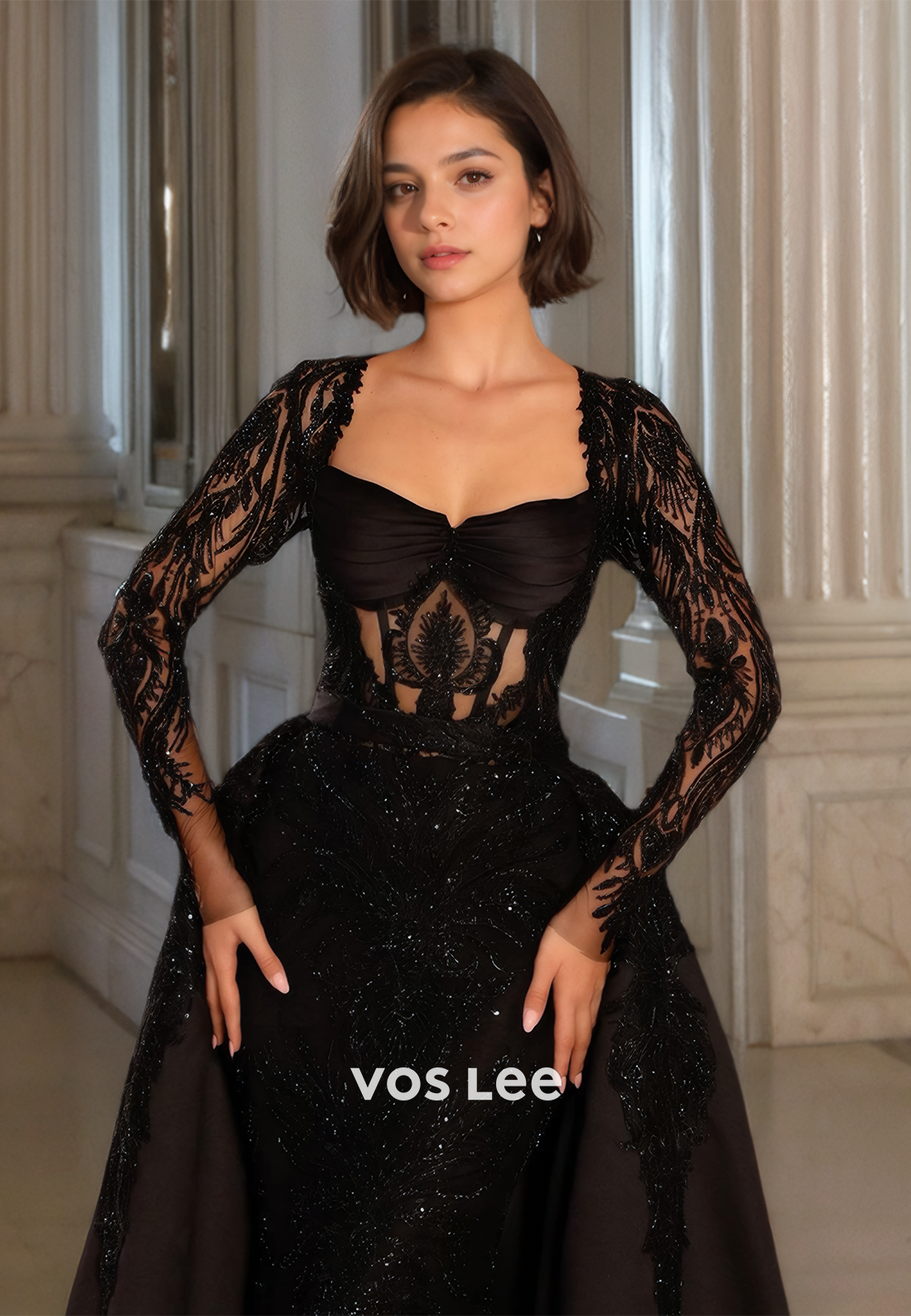 Graceful A-Line Sweetheart Long Sleeves Lace Appliques Satin Prom Evening Dress