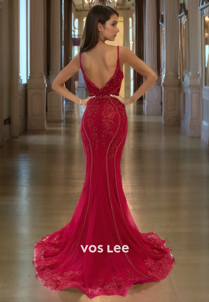 Stunning Burgundy Lace Formal Prom Dress V Neck Mermaid Backless Pageant Dresses with Spaghetti Straps