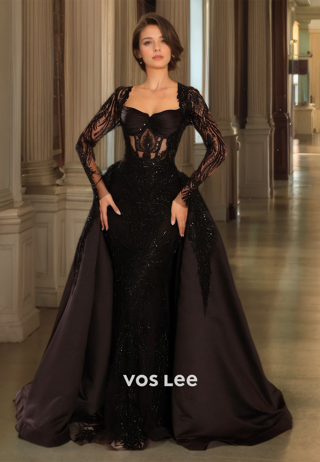 Graceful A-Line Sweetheart Long Sleeves Lace Appliques Satin Prom Evening Dress