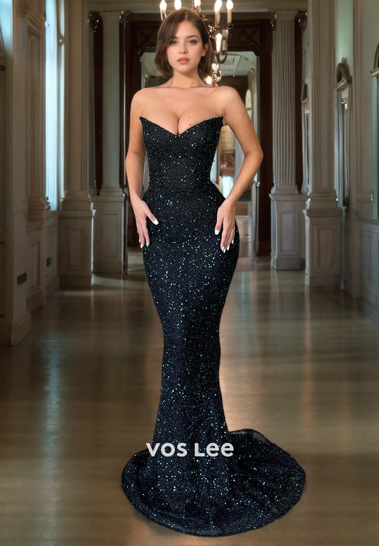 Gorgeous Trumpet /Mermaid Black Formal Dress V-Neck Sleeveless Seqin Cocktail Prom Dress