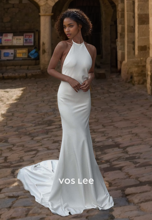 Sexy Halter Backless Column Sweep Train Ruched Sleeveless Satin Wedding Bride Dress