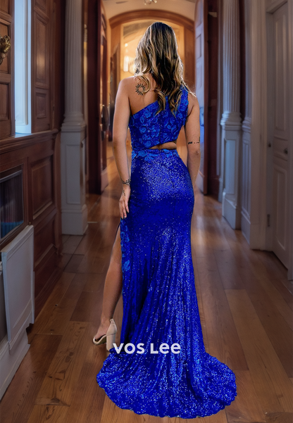 Sparkly Royal Blue One Shoulder Prom Dress Appliqued Sequins Mermaid Pageant Dresses with Slit